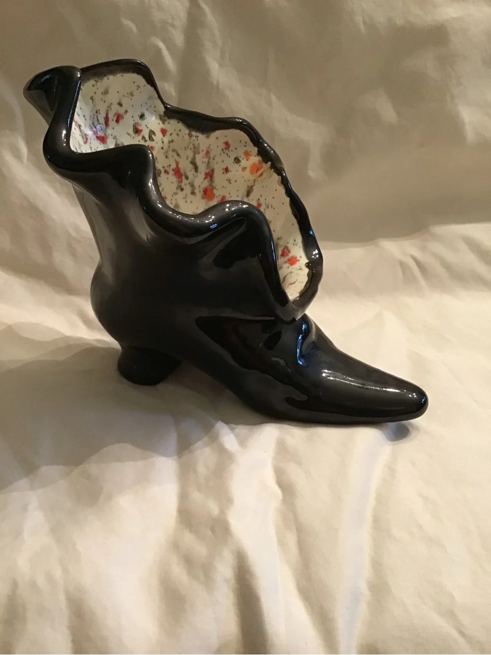 Handcrafted Black Ceramic Vase with Speckled Red and Orange Interior